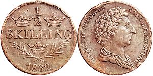 mynt Sverige 1/2 skilling 1832