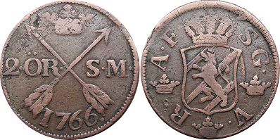 mynt Sverige 2 öre SM 1766