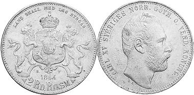 mynt Sverige 2 riksdaler 1864