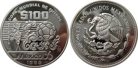 moneda Mexico 100 pesos 1985 Copa mundial de futbol