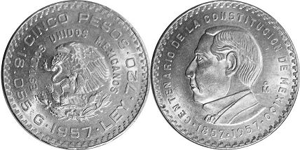 moneda Mexico 5 pesos 1957 Constitución