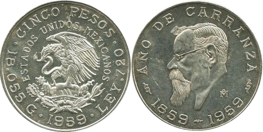 Mexican coin 5 pesos 1959 Garranza