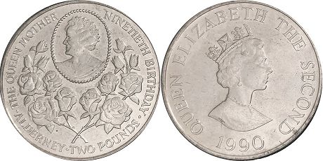 coin Alderney 2 pounds 1990
