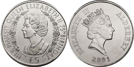coin Alderney 5 pounds 2001