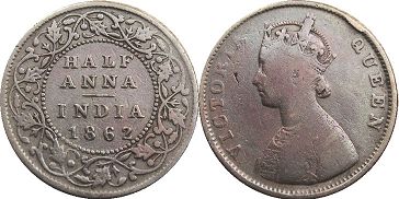 coin British India 1/2 anna 1862