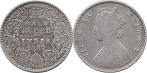 coin British India 1/2 rupee 1887