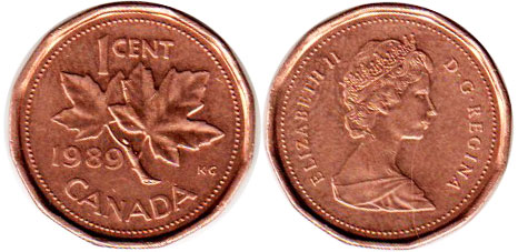 canadian coin Elizabeth II 1 cent 1989