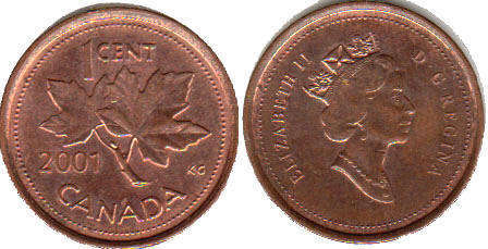 canadian coin Elizabeth II 1 cent 2001