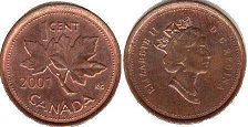 moneda canadiense Elizabeth II 1 centavo 2001