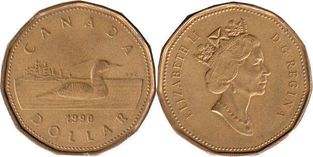 canadian coin Elizabeth II 1 dollar 1990 loonie