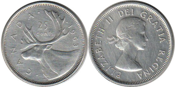 canadian coin Elizabeth II 25 cents 1963 silver