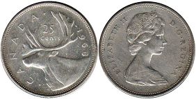 moneda canadiense Elizabeth II 25 centavos 1968 plata