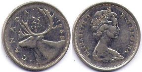 moneda canadiense Elizabeth II 25 centavos 1968