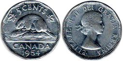 moneda canadiense Elizabeth II 5 centavos 1954