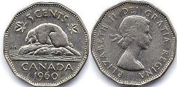moneda canadiense Elizabeth II 5 centavos 1960