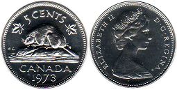 moneda canadiense Elizabeth II 5 centavos 1973
