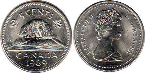 canadian coin Elizabeth II 5 cents 1989