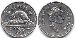 moneda canadiense Elizabeth II 5 centavos 1993