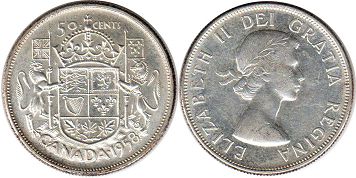 canadian coin Elizabeth II 50 cents 1958 silver