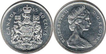 canadian pièce de monnaie Elizabeth II 50 cents 1965 argent