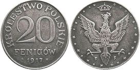 moneta Polska 20 fenigow 1917