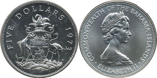 coin Bahamas 5 dollars 1973