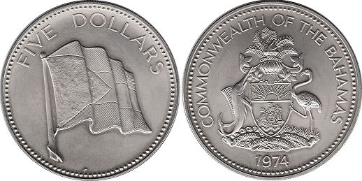 coin Bahamas 5 dollars 1974
