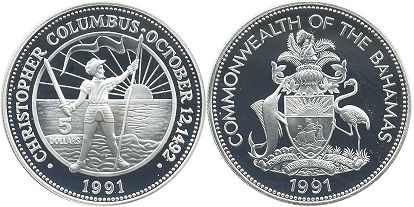 coin Bahamas 5 dollars 1991