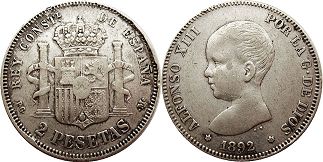 moneda España 2 pesetas 1892