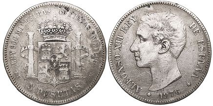 monnaie Espagne 5 pesetas 1876