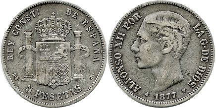 monnaie Espagne 5 pesetas 1877