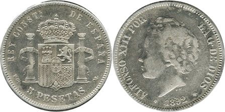 moneda España 5 pesetas 1892