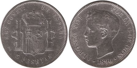 coin Spain 5 pesetas 1896