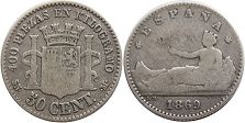 monnaie Espagne 50 centimos 1869