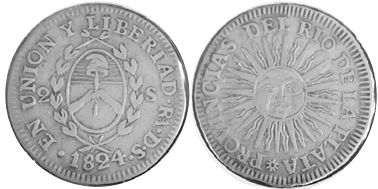 coin Argentina 2 soles 1824