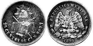 moneda Mexicana 25 centavos 1890