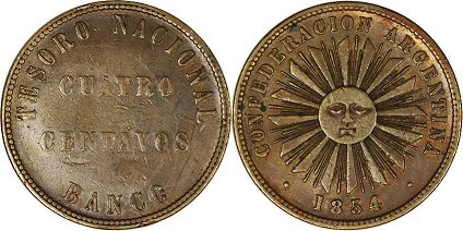 moneda Argentina 4 centavos 1854