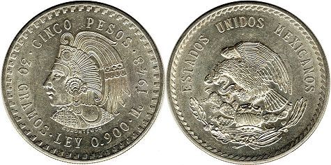 Mexican coin 5 pesos 1947, 1948