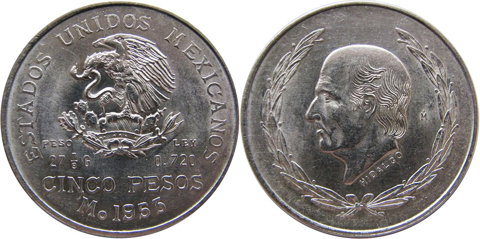 Mexican coin 5 pesos 1953