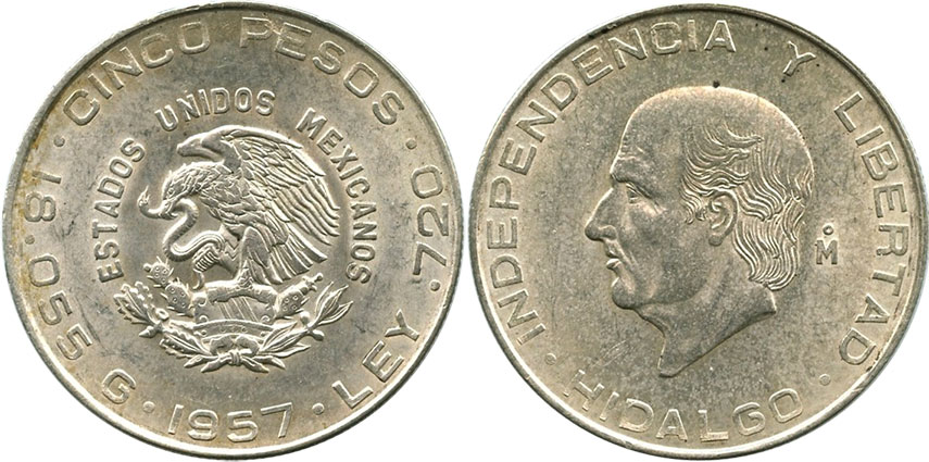 Mexican coin 5 pesos 1957