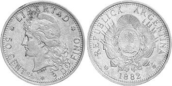 coin Argentina 50 centavos 1882