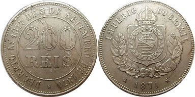 coin Brazil 200 reis 1871