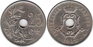 pièce Belgique 25 centimes 1908