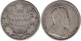 piece canadian old monnaie 25 cents 1910