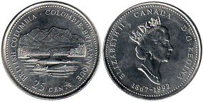 moneda canadiense conmemorativa 25 centavos (quarter) 1992 British Columbia