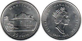 moneda canadiense conmemorativa 25 centavos (quarter) 1992 Manitoba