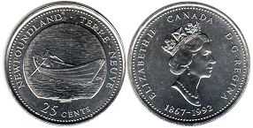 moneda canadiense conmemorativa 25 centavos (quarter) 1992 Terranova