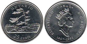 moneda canadiense conmemorativa 25 centavos (quarter) 1992 Ontario