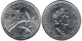 moneda canadiense conmemorativa 25 centavos (quarter) 1992 Saskatchewan