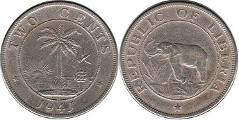 coin Liberia 2 cents 1941